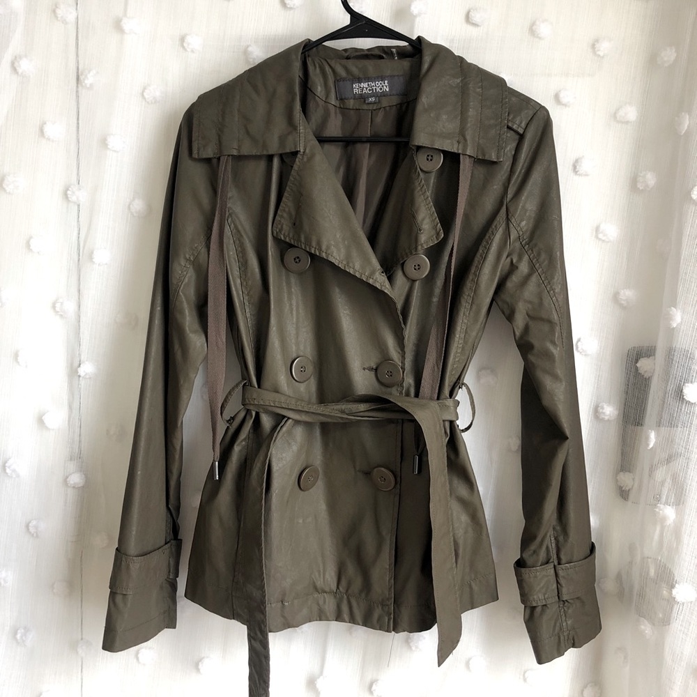 Faux Leather Trench Coat Short Olive Kenneth Cole